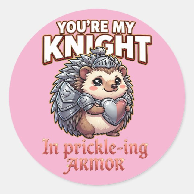 Cute Valentine Hedgehog – Knight in Prickly Armor Classic Round Sticker (Front)