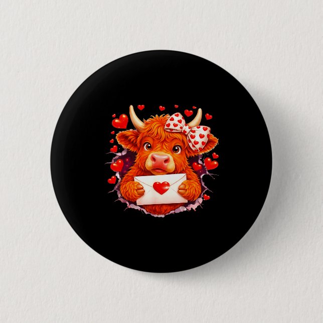 Cute Valentine Highland Cow With Heart Bow Western 2 Inch Round Button (Front)