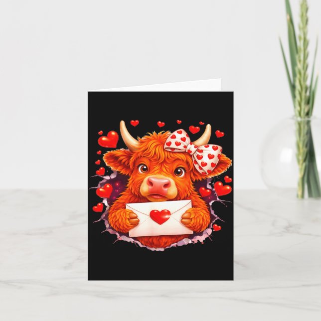 Cute Valentine Highland Cow With Heart Bow Western Card (Front)