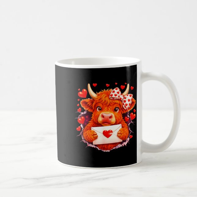 Cute Valentine Highland Cow With Heart Bow Western Coffee Mug (Right)