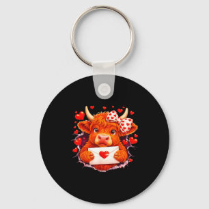 Cute Valentine Highland Cow With Heart Bow Western Keychain