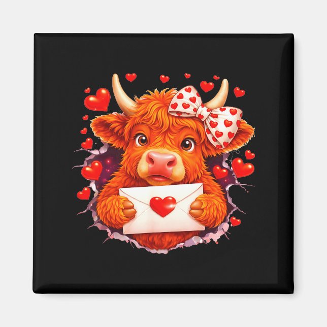 Cute Valentine Highland Cow With Heart Bow Western Magnet (Front)