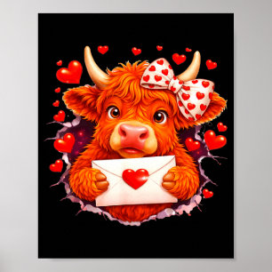 Cute Valentine Highland Cow With Heart Bow Western Poster