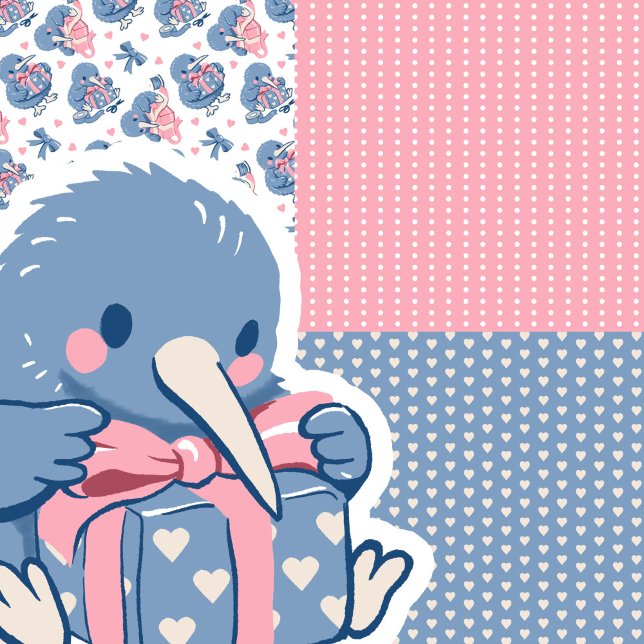 Cute Valentine Kiwi Bird Hearts Bow Soft Pink Blue Wrapping Paper Sheet (Cute kiwi bird Valentine gift wrap with hearts, bows, and soft pastel patterns for sweet celebration)