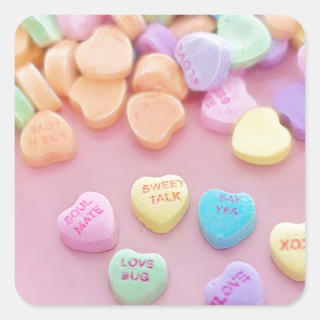Cute Valentine Pink Candy Hearts Square Sticker (Front)