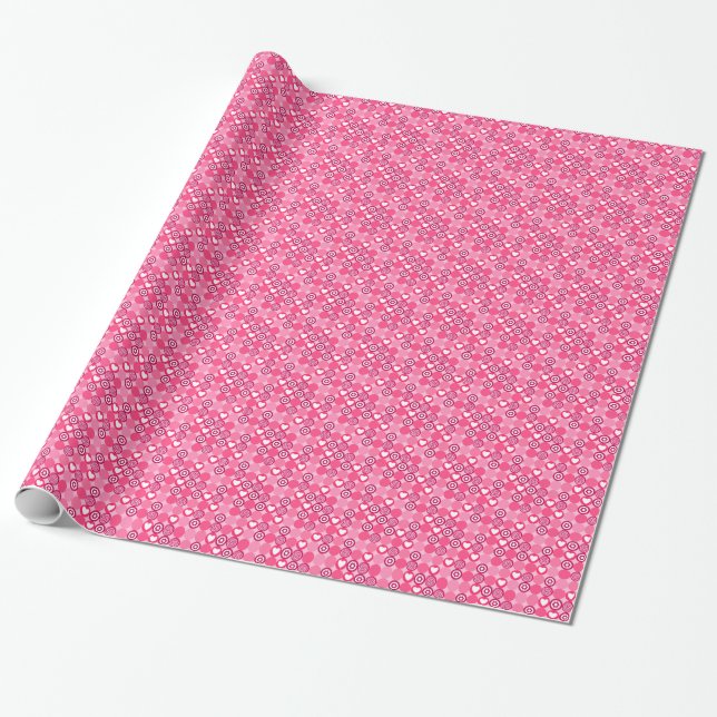 Cute Valentine’s Day Pink Heart and Flower Pattern Wrapping Paper (Unrolled)