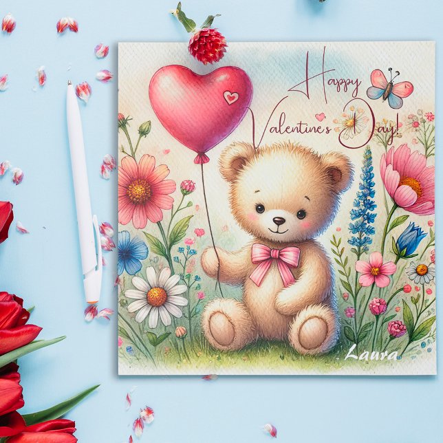 Cute Valentine Teddy Bear in Wildflowers  Holiday Card (Creator Uploaded)