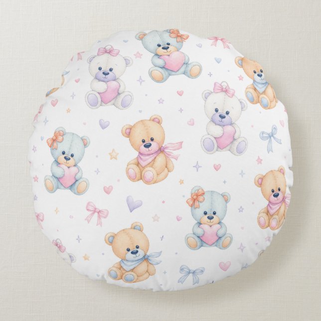 Cute Valentine Teddy Bear Seamless Pattern Round Pillow (Front)