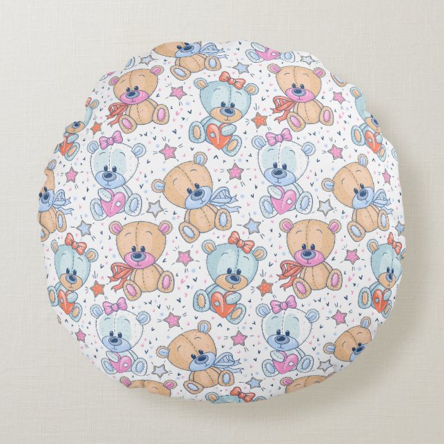 Cute Valentine Teddy Bear Seamless Pattern Round Pillow (Front)