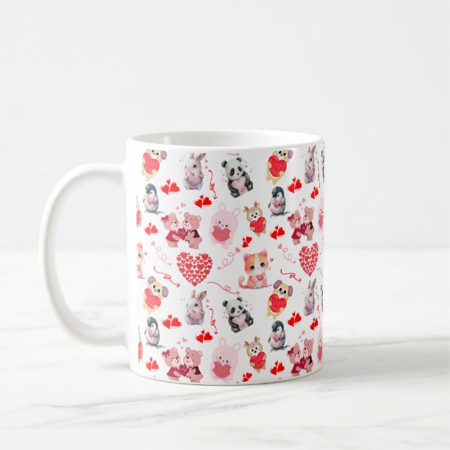 Cute Valentines Animals Pink Stylish Pattern Coffee Mug (Left)