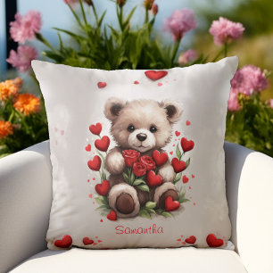 Cute Valentine's Bear with Red Roses and Hearts Throw Pillow