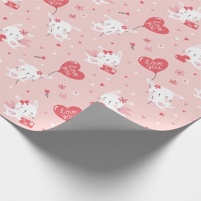 Cute Valentine's bunnies with balloons pink Wrapping Paper (Corner)