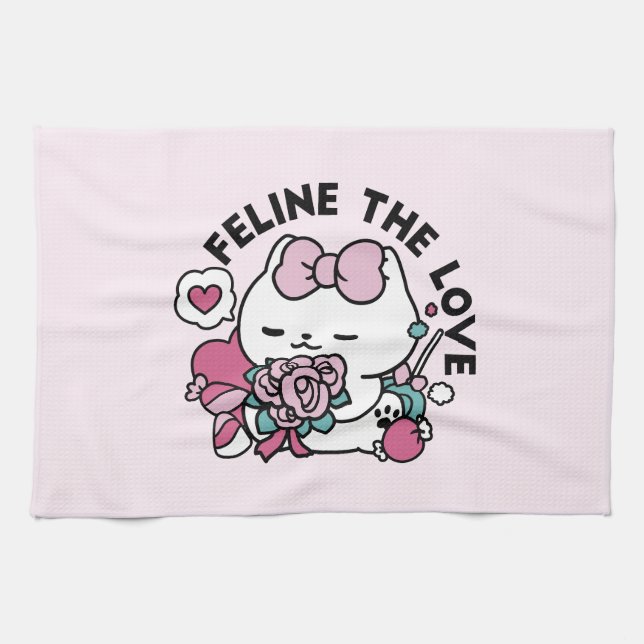 Cute Valentine's Cat Design – Feline the Love Kitchen Towel (Horizontal)