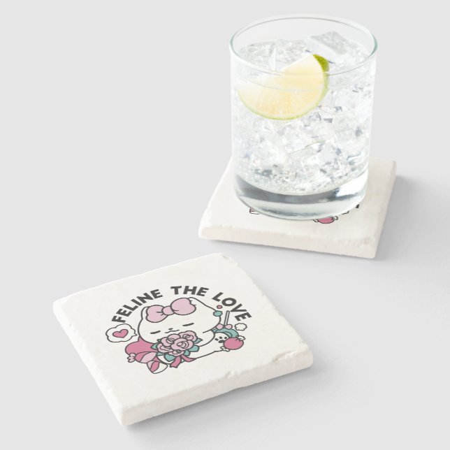 Cute Valentine's Cat Design – Feline the Love Stone Coaster (Side)