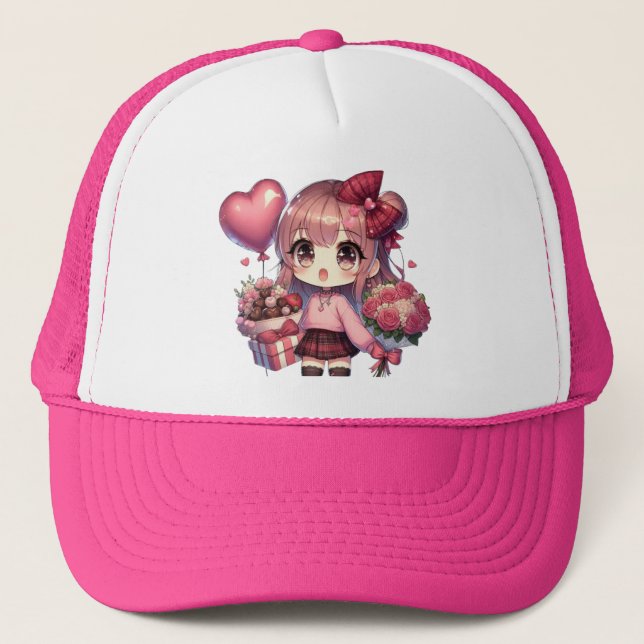 Cute Valentine's day anime girl Trucker Hat (Front)