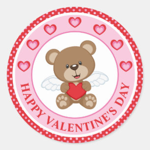Cute Valentine's Day Bear and Heart with Polka Dot Classic Round Sticker