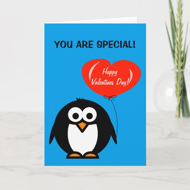 Cute Valentines Day card with penguin and heart (Front)