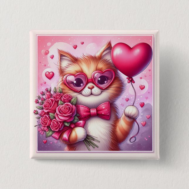 Cute Valentine's day cat/kitten 2 Inch Square Button (Front)