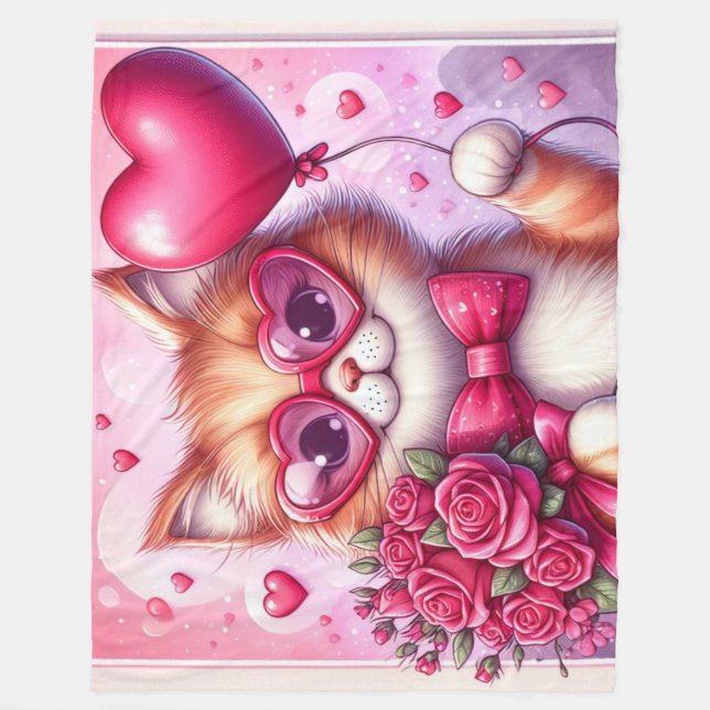 Cute Valentine's day cat/kitten Fleece Blanket (Front)