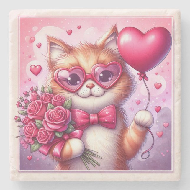 Cute Valentine's day cat/kitten Stone Coaster (Front)