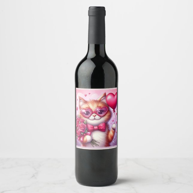 Cute Valentine's day cat/kitten Wine Label (Front)