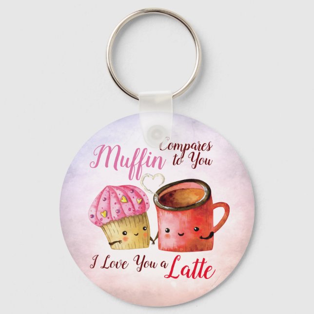 Cute Valentine's Day Cupcake and Coffee Mug Couple Keychain (Front)