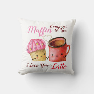 Cute Valentine's Day Cupcake and Coffee Mug Couple Throw Pillow
