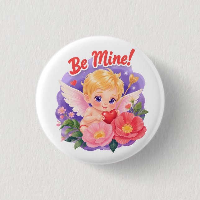 Cute Valentine's Day Cupid with "Be Mine" 1 Inch Round Button (Front)