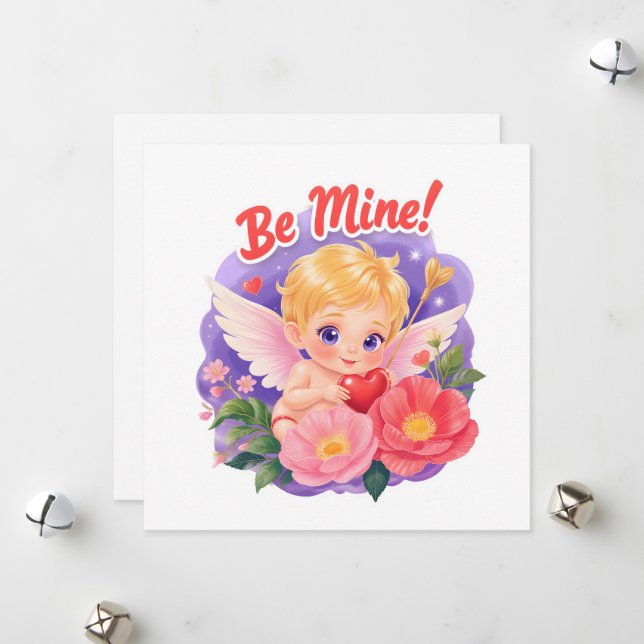 Cute Valentine's Day Cupid with "Be Mine" Holiday Card (Front/Back In Situ)