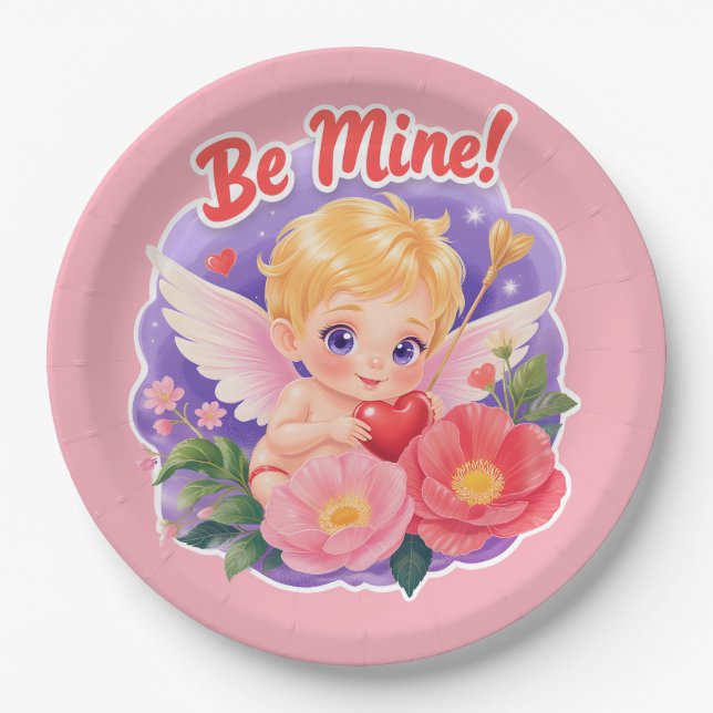Cute Valentine's Day Cupid with "Be Mine" Paper Plate (Front)