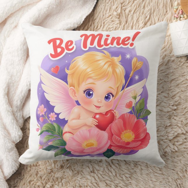 Cute Valentine's Day Cupid with "Be Mine" Throw Pillow (Blanket)