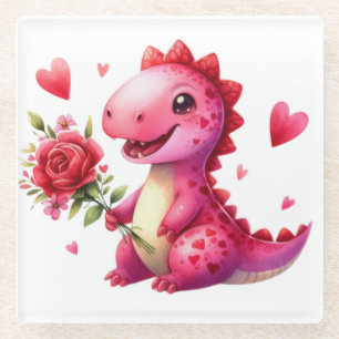 Cute Valentine's day dinosaur Glass Coaster