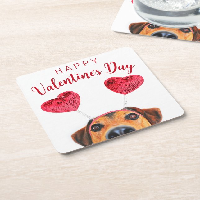 Cute Valentine's Day Dog Funny Heart Headband Square Paper Coaster (Angled)