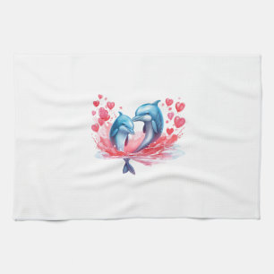 Cute Valentine's Day Dolphin Couple Kitchen Towel