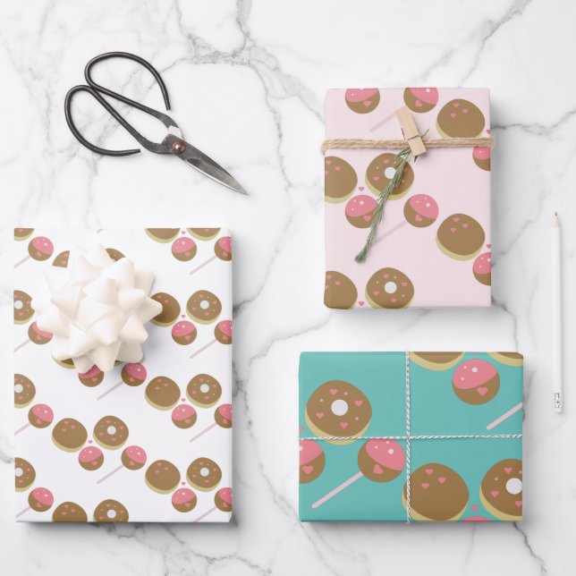 Cute Valentine's Day Doughnut and Cake Pop Pattern Wrapping Paper Sheet (Front)