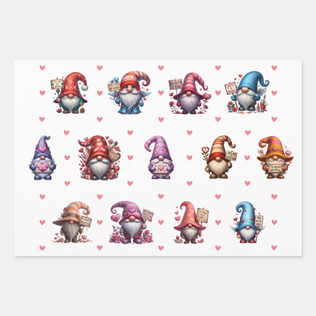 Cute Valentine's Day Gnomes with Signs & Solids Wrapping Paper Sheet (Front)