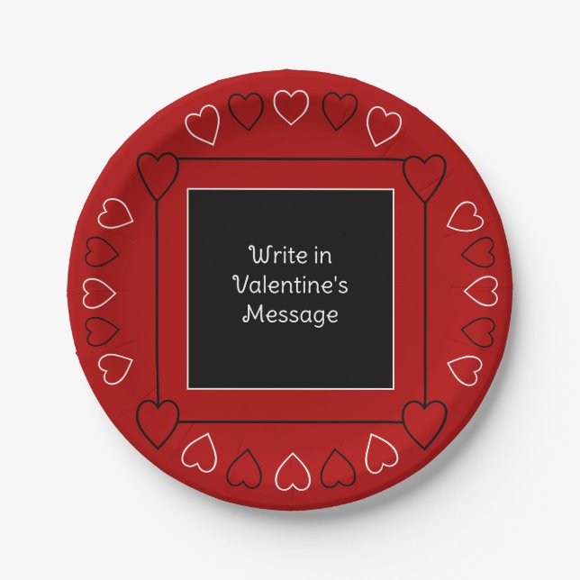 Cute Valentine's Day Hearts Add Message to Red Paper Plate (Front)