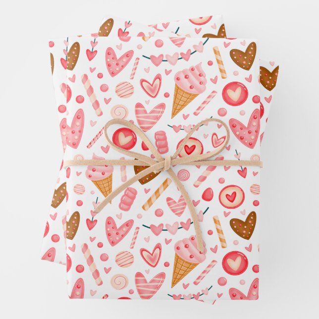 Cute Valentine's Day Hearts, Candy and Ice Cream Wrapping Paper Sheet (In situ)