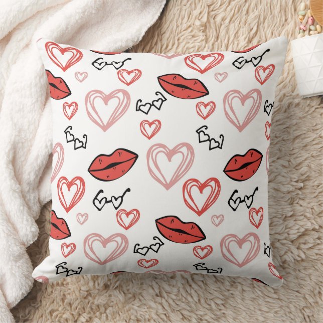 Cute Valentines day lips, hearts and sunglasses Throw Pillow (Blanket)