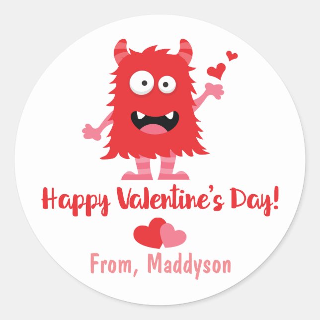Cute Valentine's Day Monster and Hearts Classic Round Sticker (Front)