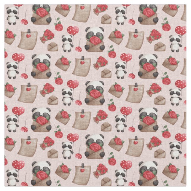 Cute Valentine's Day Panda Bear Love Pattern Fabri Fabric (Close Up)