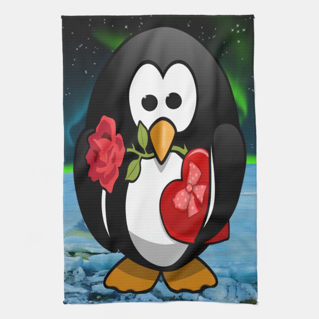 Cute Valentine's Day Penguin Funny Cartoon Kitchen Towel (Vertical)