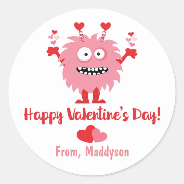 Cute Valentine's Day Pink Monster and Hearts Classic Round Sticker (Front)
