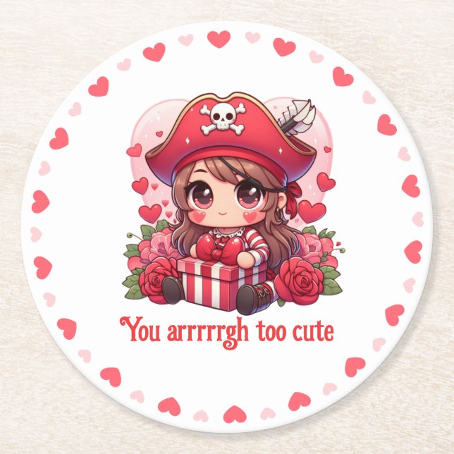 Cute Valentine's day pirate Round Paper Coaster (Front)