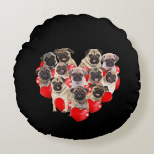 Cute Valentines Day Pug Dog Heart Puppy Round Pillow