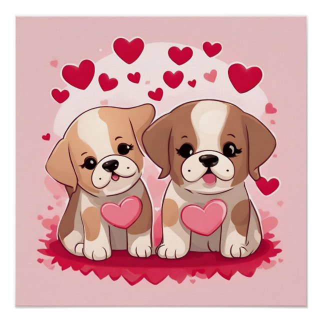 Cute Valentine's Day Puppies with Hearts  Poster (Front)