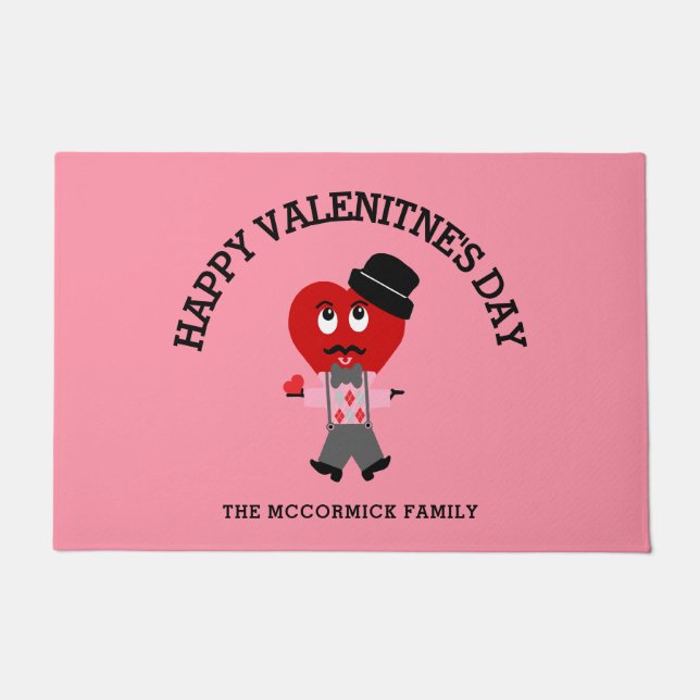 Cute Valentines Day Red Heart Pink Monogram Doormat (Front)