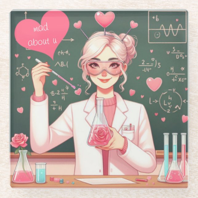 Cute Valentine's day scientist Glass Coaster (Front)
