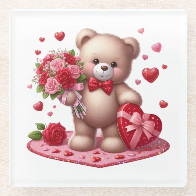 Cute Valentine's Day Teddy Bear Glass Coaster (Front)