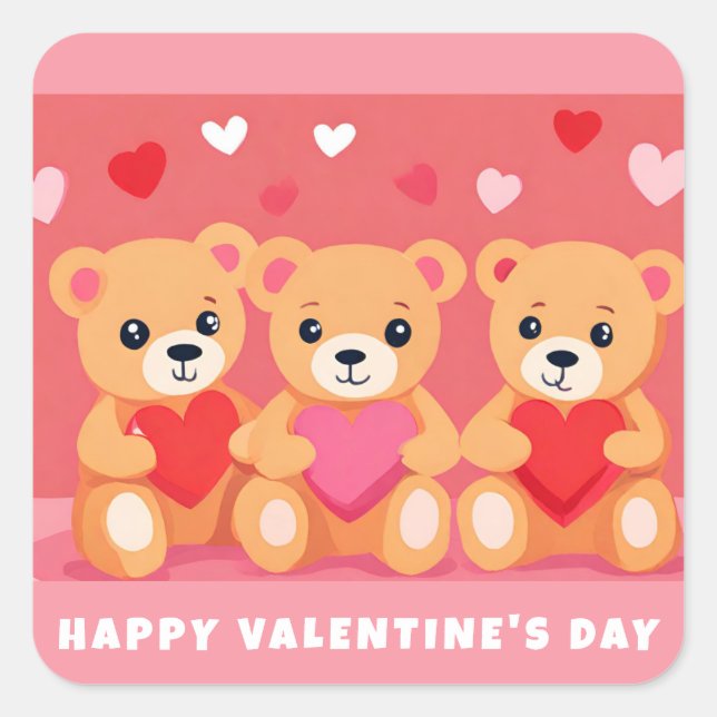 Cute Valentines Day Teddy Bear Heart Pink Red Square Sticker (Front)